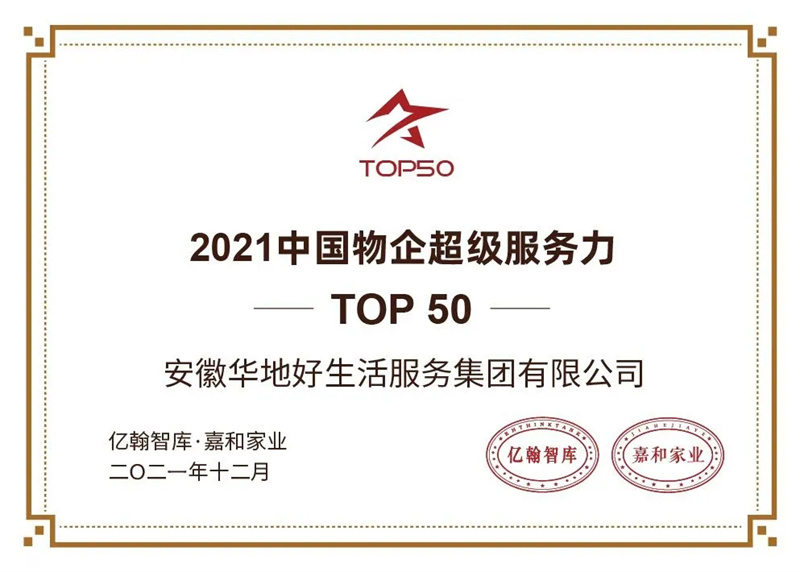 品质引领 载誉前行丨华地好生活集团荣膺2021中国物企超级服务力50强